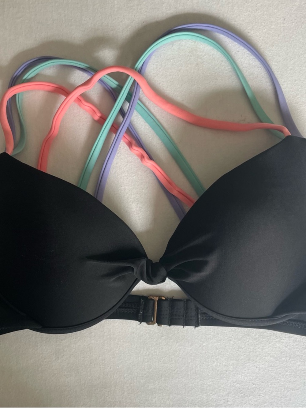 Xhilaration Black Bikini Top with Pastel Coral, Mint & Lavender Straps